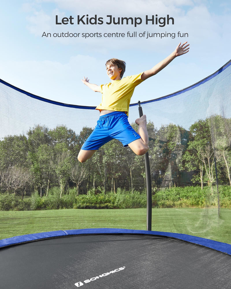 Side angle of the blue trampoline showing the safety net poles and frame
