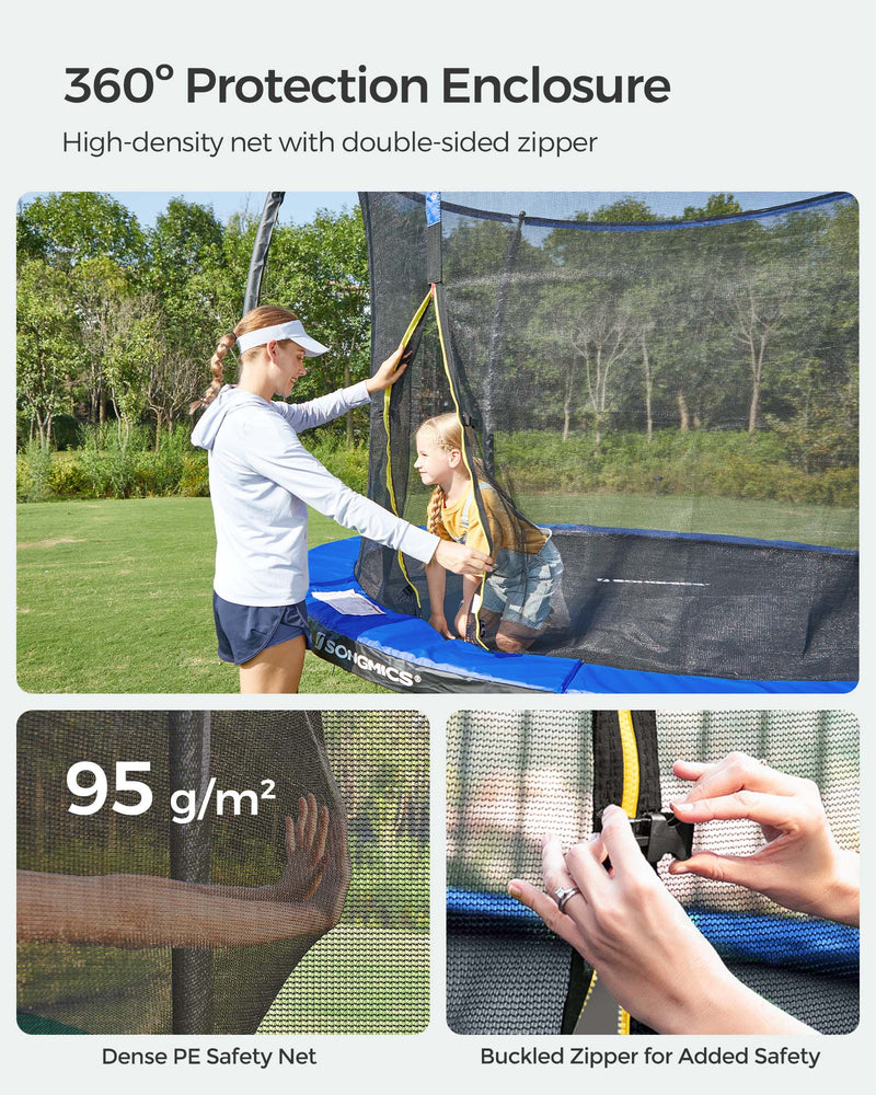 Full assembled view of the 10ft blue trampoline from an alternate angle