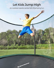 Child jumping high on the green Songmics trampoline in a garden