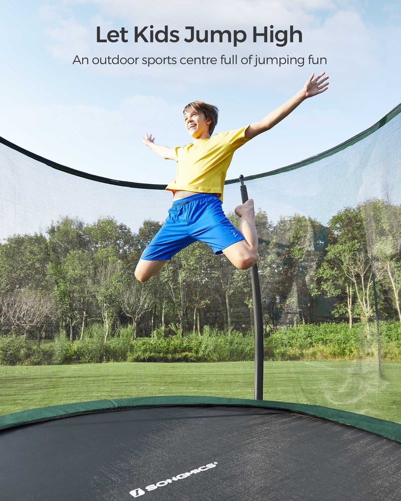 Child jumping high on the green Songmics trampoline in a garden