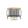 Studio shot of the 10ft orange and black Songmics garden trampoline with safety enclosure net and ladder