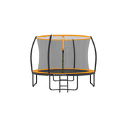 Studio shot of the 10ft orange and black Songmics garden trampoline with safety enclosure net and ladder