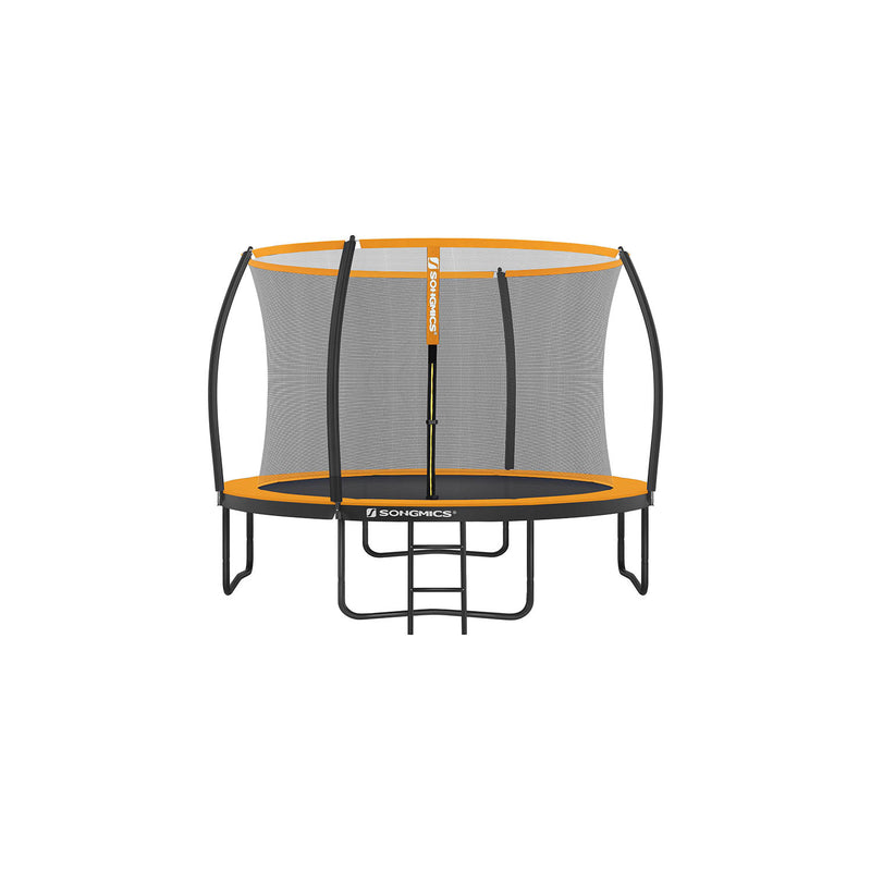 Studio shot of the 10ft orange and black Songmics garden trampoline with safety enclosure net and ladder