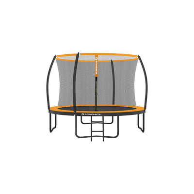 Studio shot of the 10ft orange and black Songmics garden trampoline with safety enclosure net and ladder