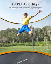 Close-up of the padded safety pad and mesh net covering the trampoline springs