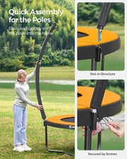 Person slotting an enclosure pole into the trampoline frame and securing it with screws