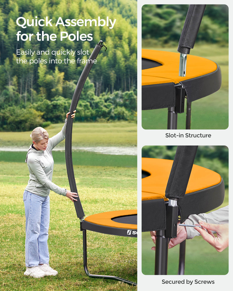 Person slotting an enclosure pole into the trampoline frame and securing it with screws