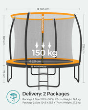 Dimensions diagram showing the trampoline's jumping area and overall height