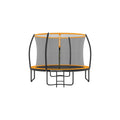 Songmics 10ft outdoor trampoline with safety net and ladder, studio front view, orange