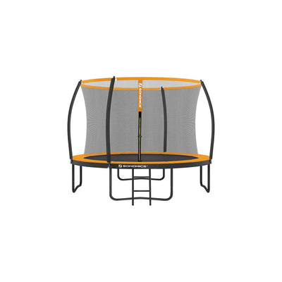 Songmics 10ft outdoor trampoline with safety net and ladder, studio front view, orange