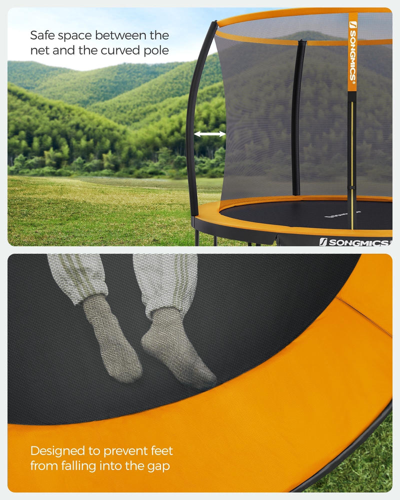 Safety gap between the net and curved pole, and padded edge that prevents feet slipping through