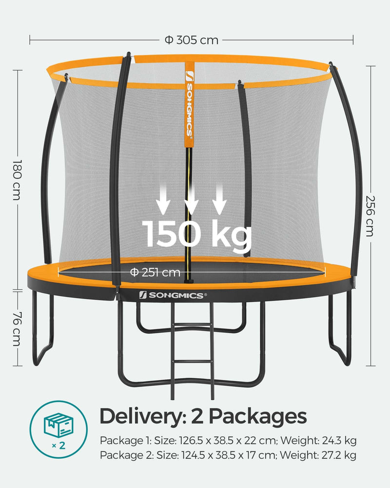 Labelled dimensions diagram of the Songmics 10ft trampoline showing height, pole and jumping area sizes
