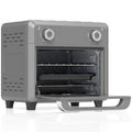 Grey 10L air fryer oven with the door open showing the rack and fry basket on a white background
