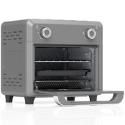Grey 10L air fryer oven with the door open showing the rack and fry basket on a white background
