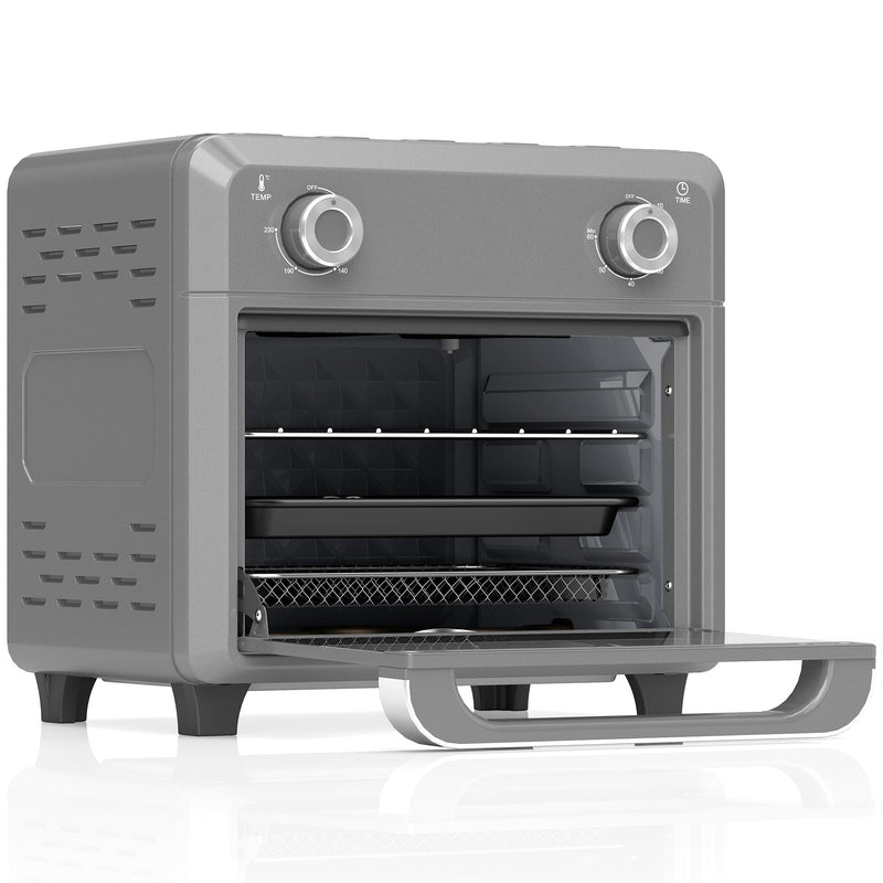 Grey 10L air fryer oven with the door open showing the rack and fry basket on a white background
