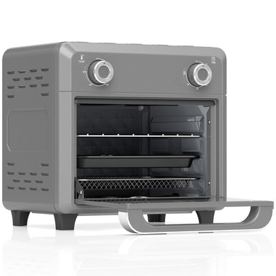 Grey 10L air fryer oven with the door open showing the rack and fry basket on a white background