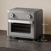 Grey air fryer oven with dimensions marked at 32 cm wide, 27.2 cm deep and 29.8 cm high