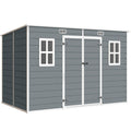 10x6ft garden storage shed in Grey, front three-quarter studio view with double doors and two windows