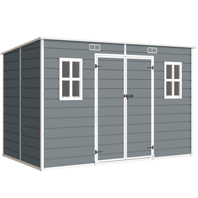 10x6ft garden storage shed in Grey, front three-quarter studio view with double doors and two windows