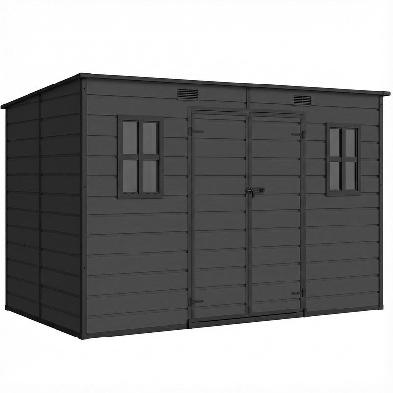 10x6ft garden storage shed in Dark Grey, front three-quarter studio view with double doors and two windows