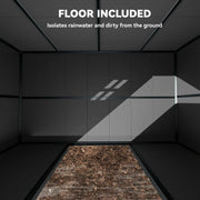Close-up of the built-in floor on the dark grey garden storage shed, which lifts stored items off the ground