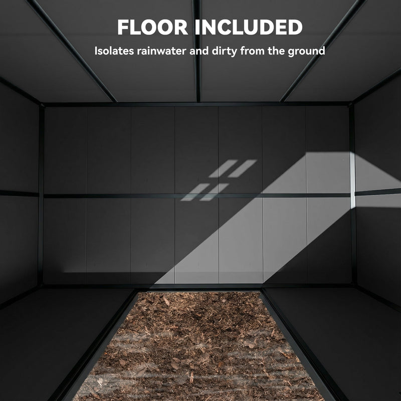 Close-up of the built-in floor on the dark grey garden storage shed, which lifts stored items off the ground