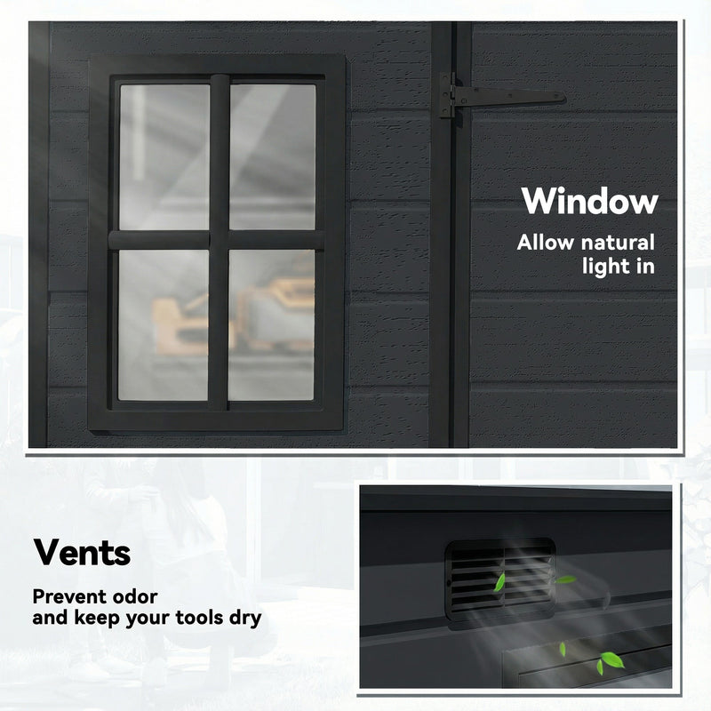 Close-up of a window and roof vent on the dark grey garden storage shed