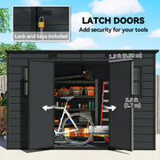 Dark grey garden storage shed with double doors open and a bike stored inside, showing the door opening size