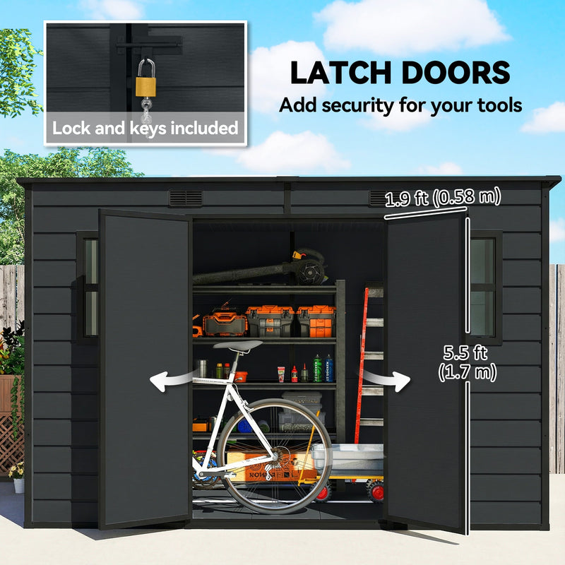 Dark grey garden storage shed with double doors open and a bike stored inside, showing the door opening size