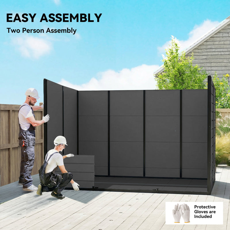 Two people assembling the dark grey garden storage shed, with protective gloves included