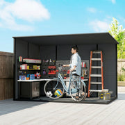 Cutaway view of the dark grey garden storage shed's interior with a workbench, shelving, ladder and bike