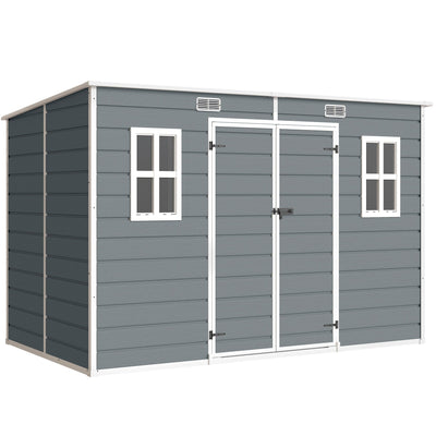 10x6ft garden storage shed in Grey, front three-quarter studio view with double doors and two windows