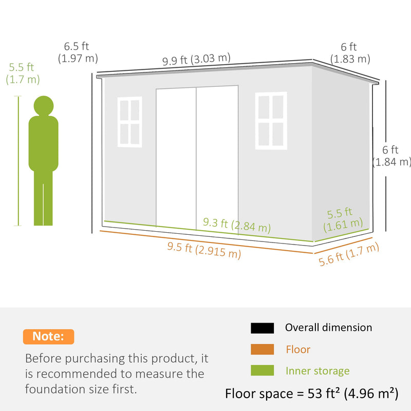 Dimension diagram for the 10x6ft garden storage shed, showing overall, base and interior storage sizes