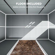 Close-up of the built-in floor on the grey garden storage shed, which lifts stored items off the ground