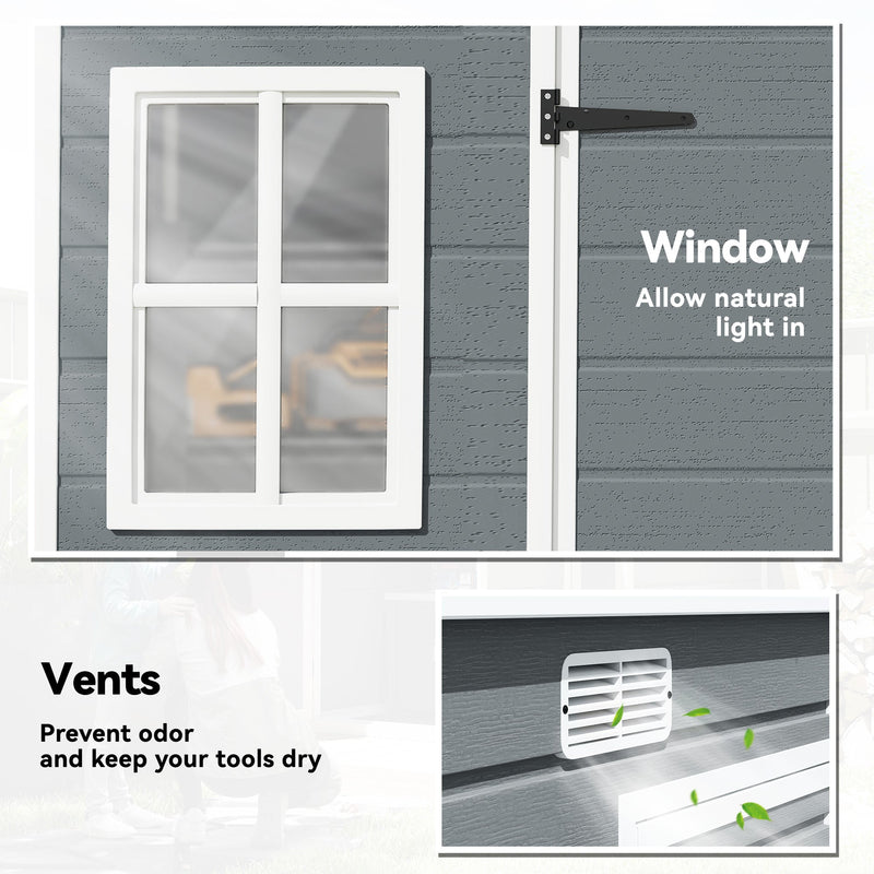 Close-up of a window and roof vent on the grey garden storage shed