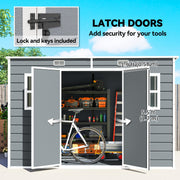 Grey garden storage shed with double doors open and a bike stored inside, showing the door opening size