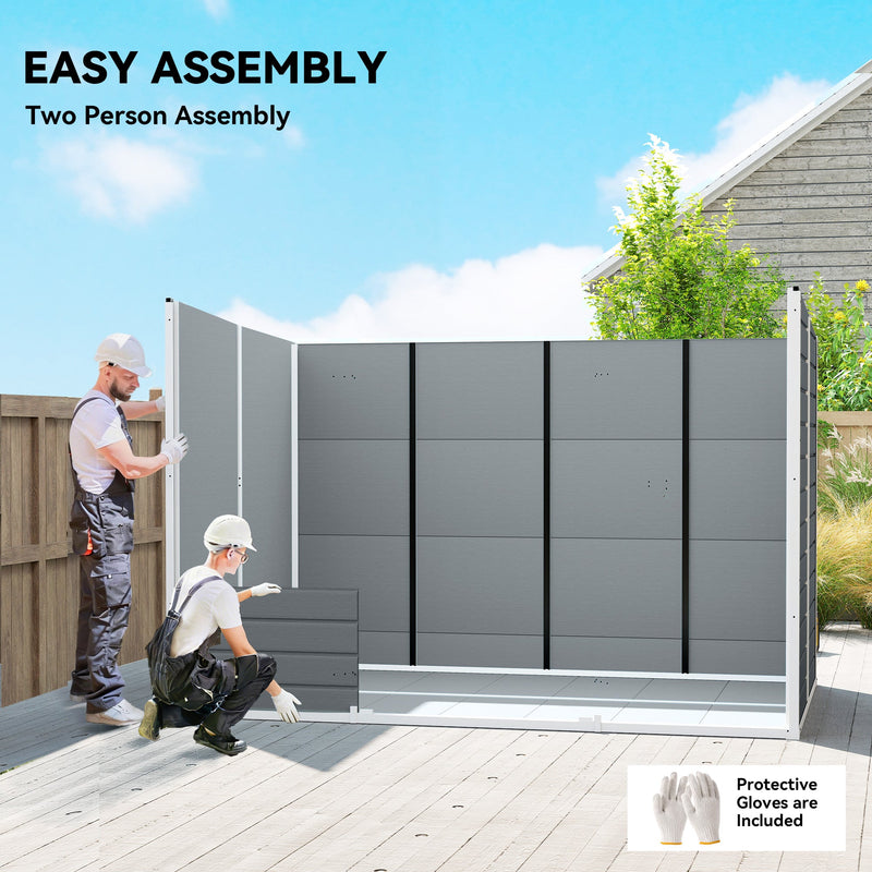 Two people assembling the grey garden storage shed, with protective gloves included