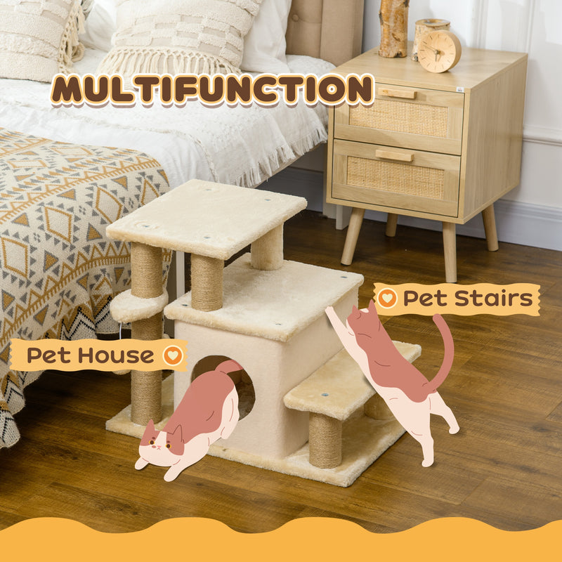 Beige Adjustable Cat Steps with House and Hanging Toy for Indoor Play by PawHut