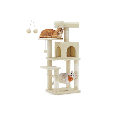 Feandrea 112 cm beige cat tree with cats resting on the top platform and hammock