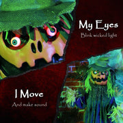Close-up of the pumpkin scarecrow's glowing red eyes with blinking light callout
