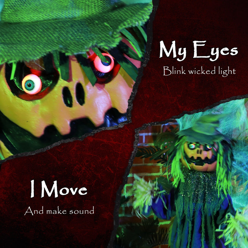 Close-up of the pumpkin scarecrow's glowing red eyes with blinking light callout