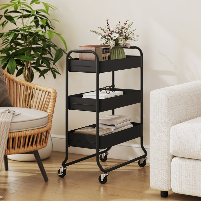 3 Tier Metal Storage Trolley With Wheels And Mesh Baskets For Home Organisation Black