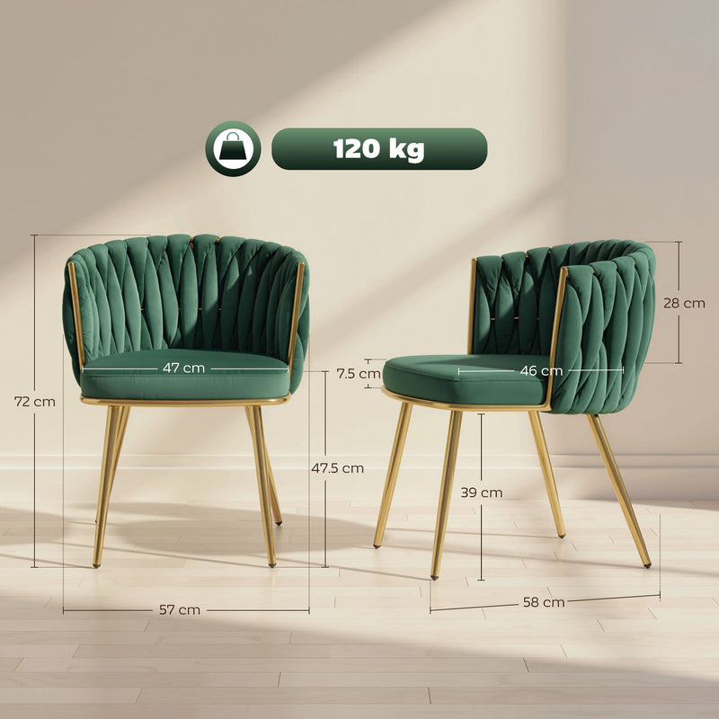 Set of 2 Velvet Dining Chairs with Armrests and Woven Backrest for Home Comfort Dark Green Homcom