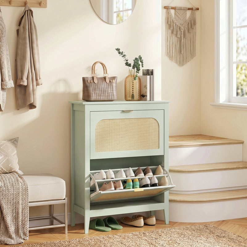 Shoe Storage Cabinet for Narrow Hallways with Flip Drawers and Adjustable Shelves Light Green