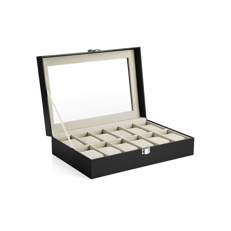 12 Slot Watch Box Display Case with Glass Lid and Lock for Men and Women by SONGMICS