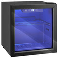 Black 12 bottle tabletop wine cooler with glass door and blue LED light on a white background