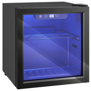 Black 12 bottle tabletop wine cooler with glass door and blue LED light on a white background