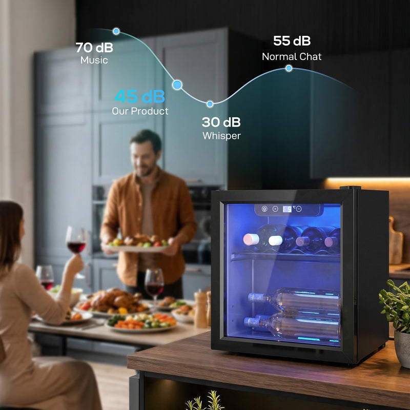 12 bottle wine cooler on a kitchen worktop with a noise graphic showing 45 dB