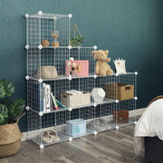 White cube organiser built as a stepped run against a dark green bedroom wall with toys and baskets