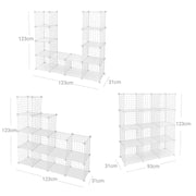 Diagram showing three alternative build layouts for the 12 cube organiser, each within a 123 cm span